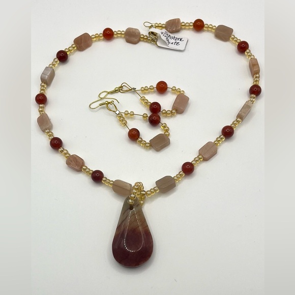 Handmade Jewelry - Red Fire Agate, Sunstone & Carnelian Agate Necklace Set